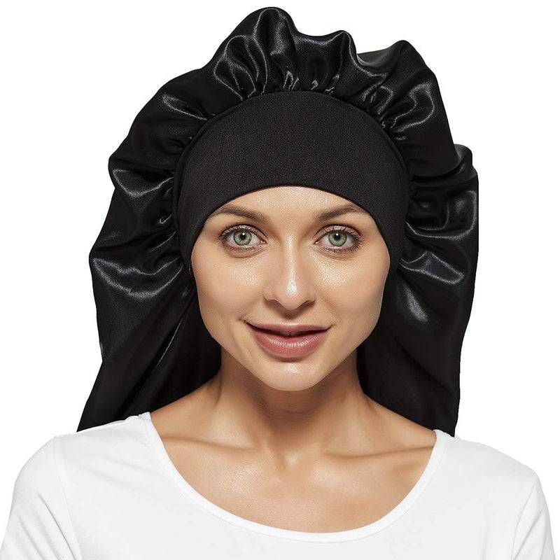 Wbfwbb 2 Pcs Hair Bonnets for Women Satin, Black Leopard Soft Elastic Band Silky Sleeping Cap Big Bonnets for Women Bonnet for Braids - Image 3
